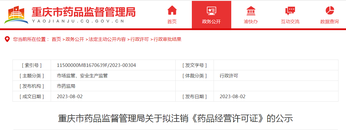 重庆市药品监督管理局关于拟注销《药品经营许可证》的公示（8.2）