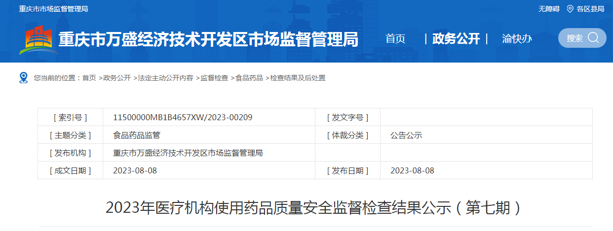 重庆市万盛经济技术开发区市场监管局公示2023年医疗机构使用药品质量安全监督检查结果（第七期）