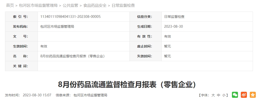 合肥市包河区市场监督管理局发布8月份药品流通监督检查月报表（零售企业）