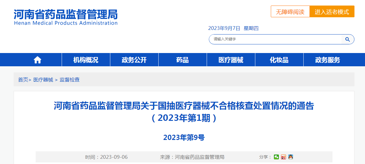 ​河南省药品监督管理局关于国抽医疗器械不合格核查处置情况的通告（2023年第1期）