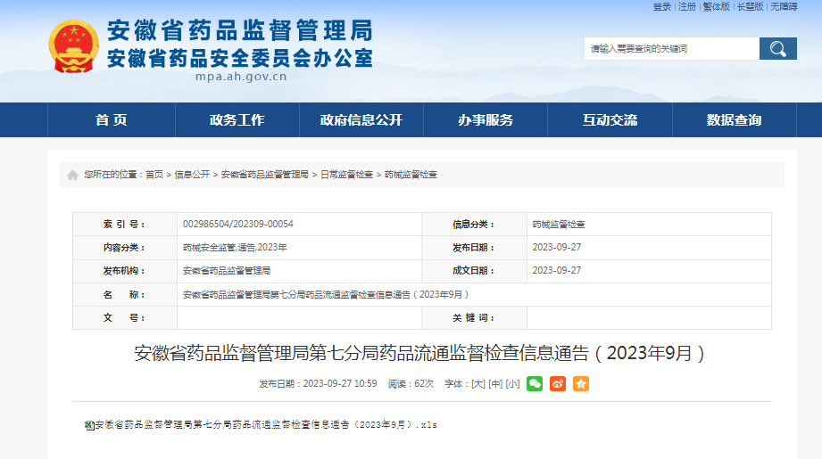 安徽省药品监督管理局第七分局发布药品流通监督检查信息（2023年9月）