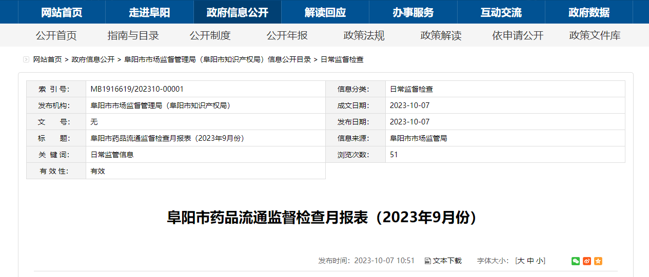安徽省阜阳市市场监督管理局发布药品流通监督检查月报表（2023年9月份）