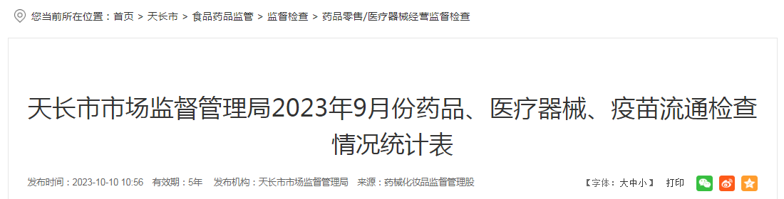 安徽省天长市市场监管局2023年9月份药品、医疗器械、疫苗流通检查情况统计表