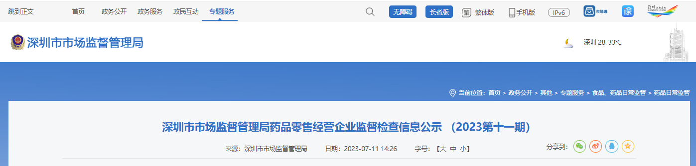 深圳市市场监督管理局公示药品零售经营企业监督检查信息 （2023第十一期）