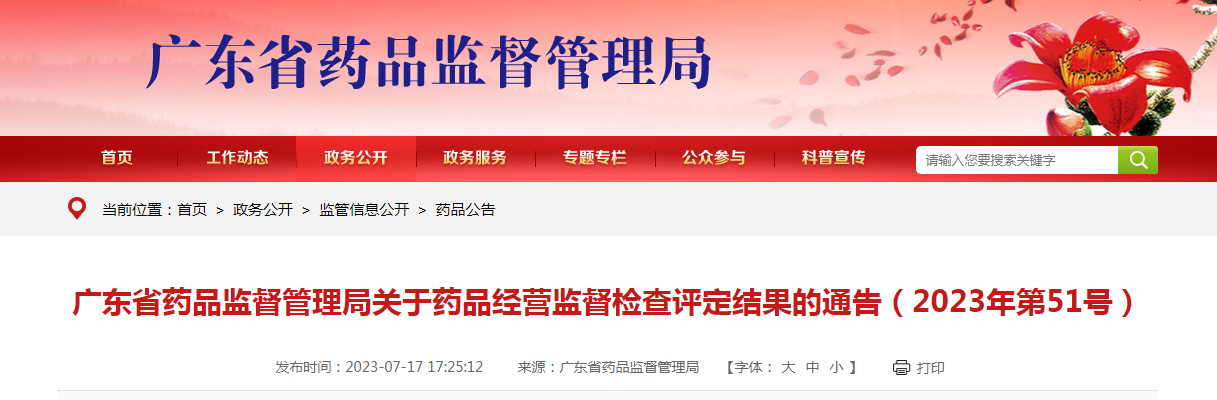 ​广东省药品监督管理局关于药品经营监督检查评定结果的通告（2023年第51号）
