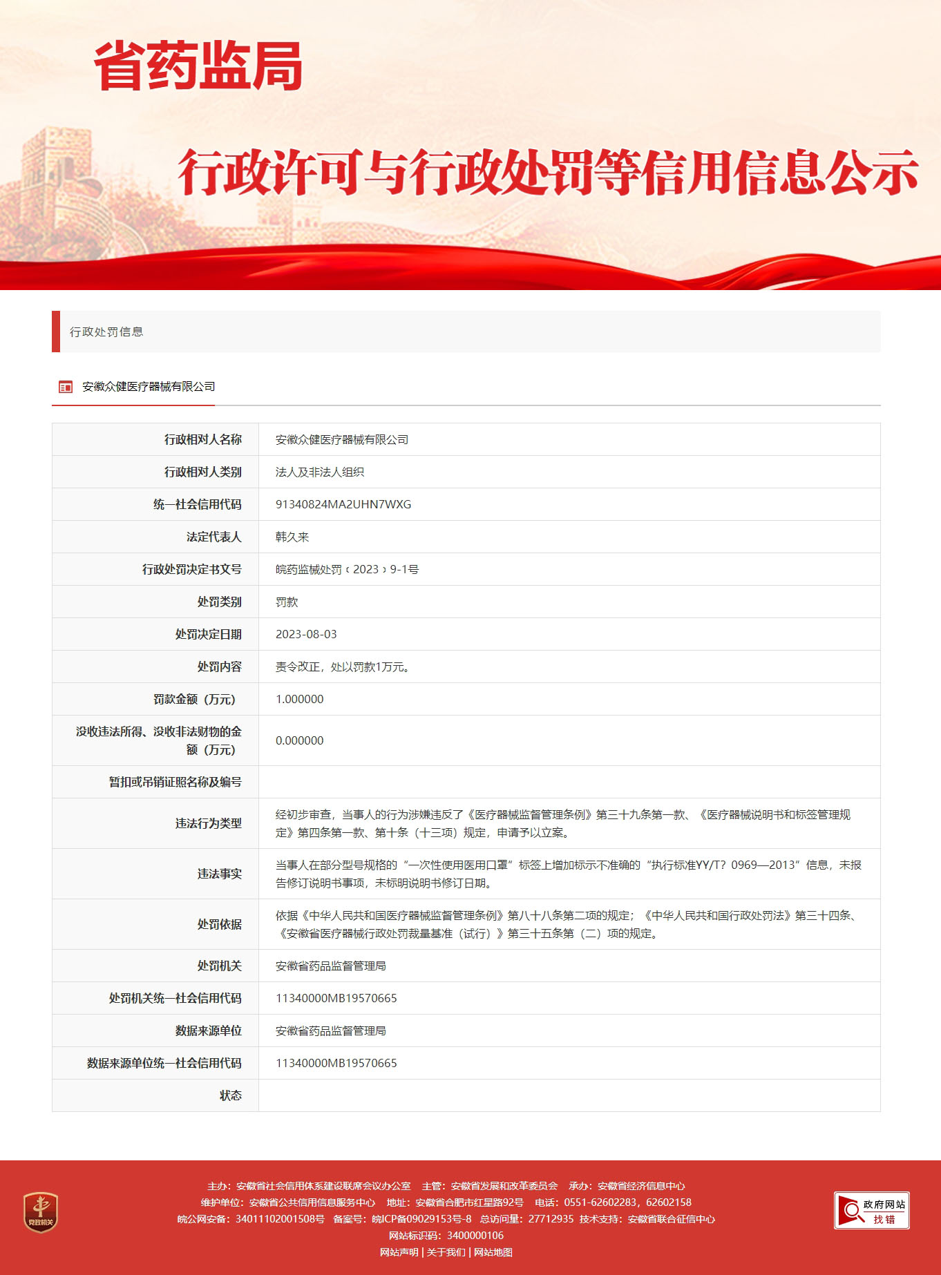 安徽省药品监督管理局对安徽众健医疗器械有限公司作出行政处罚