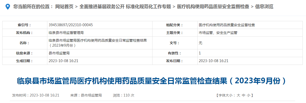 安徽省临泉县市场监管局医疗机构使用药品质量安全日常监管检查结果（2023年9月份）