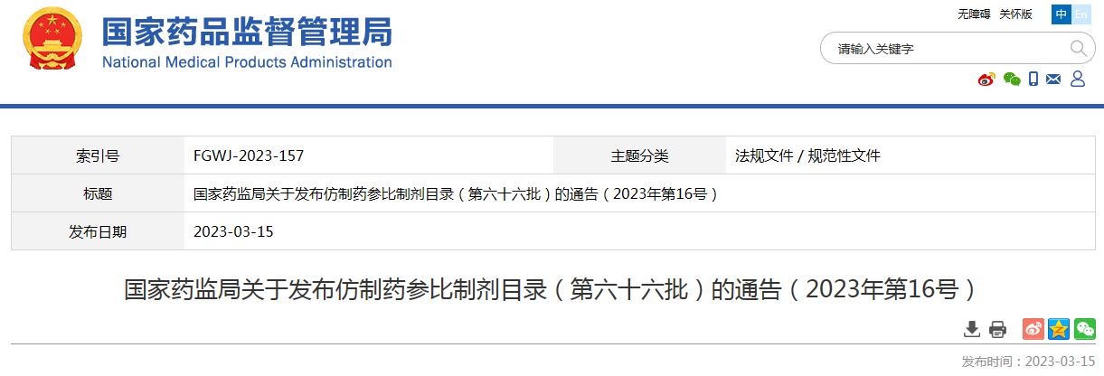 国家药监局关于发布仿制药参比制剂目录（第六十六批）的通告（2023年第16号）