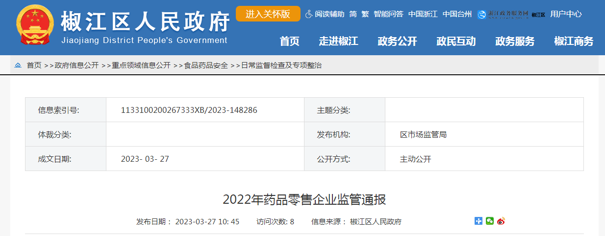 浙江省台州市椒江区市场监管局通报2022年药品零售企业监管信息