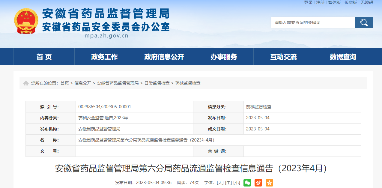 安徽省药品监督管理局第六分局药品流通监督检查信息通告（2023年4月）