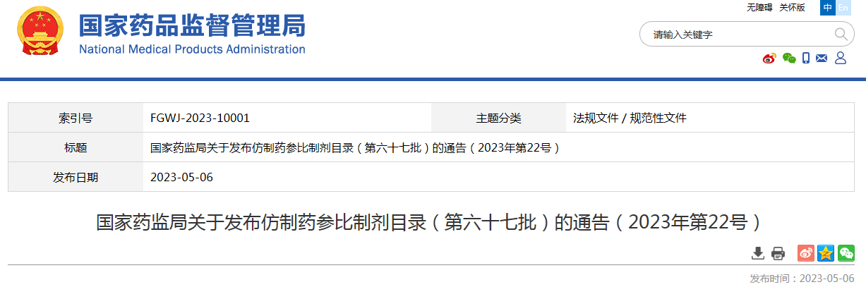 国家药监局关于发布仿制药参比制剂目录（第六十七批）的通告（2023年第22号）