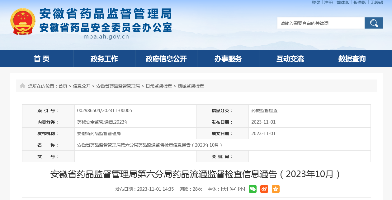 安徽省药品监督管理局第六分局药品流通监督检查信息通告(2023年10月）