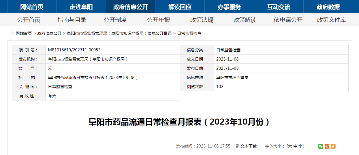 安徽省阜阳市药品流通日常检查月报表（2023年10月份）