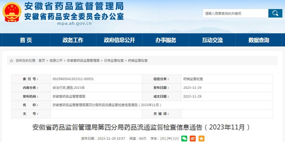 安徽省药品监督管理局第四分局药品流通监督检查信息通告（2023年11月）