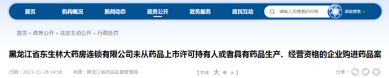 黑龙江省东生林大药房连锁有限公司未从药品上市许可持有人或者具有药品生产、经营资格的企业购进药品案