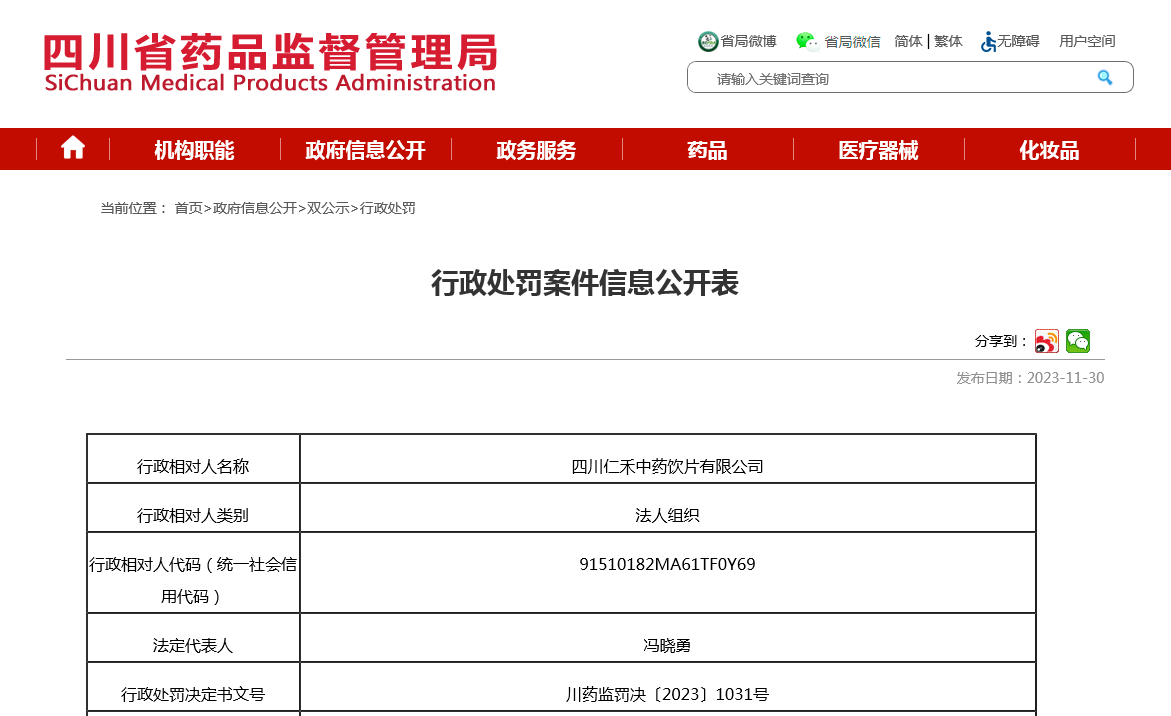 四川省药品监督管理局公开行政处罚案件信息 川药监罚决〔2023〕1031号