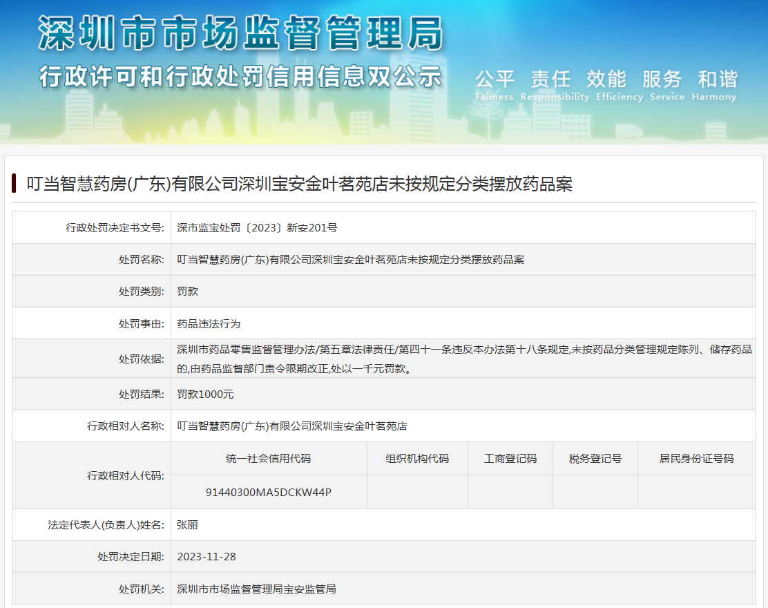 叮当智慧药房(广东)有限公司深圳宝安金叶茗苑店未按规定分类摆放药品案