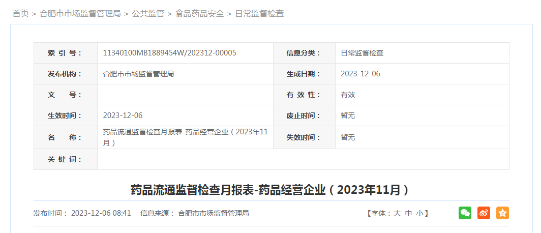 【合肥】药品流通监督检查月报表-药品经营企业（2023年11月）