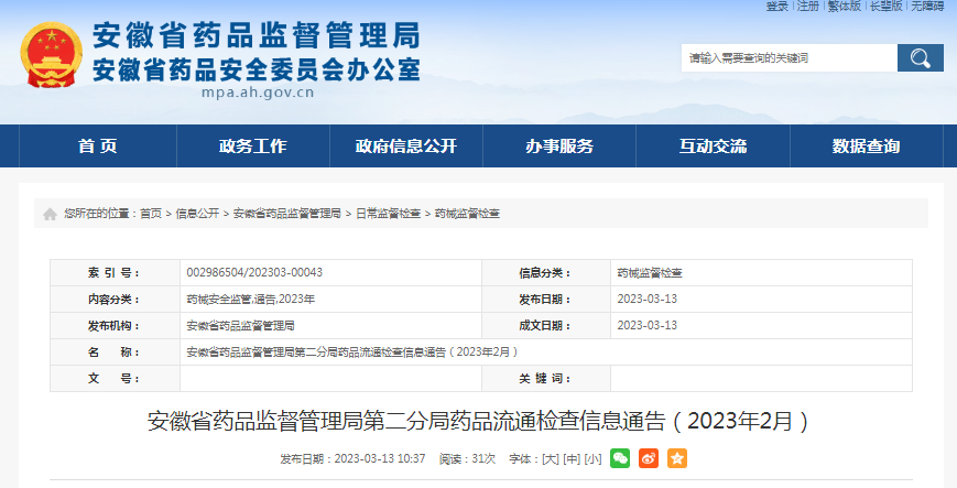 安徽省药品监督管理局第二分局发布药品流通检查信息（2023年2月）