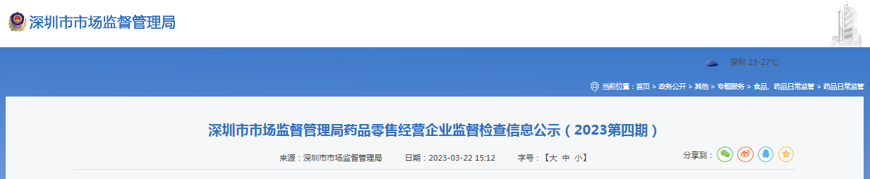 深圳市市场监督管理局公示药品零售经营企业监督检查信息（2023第四期）