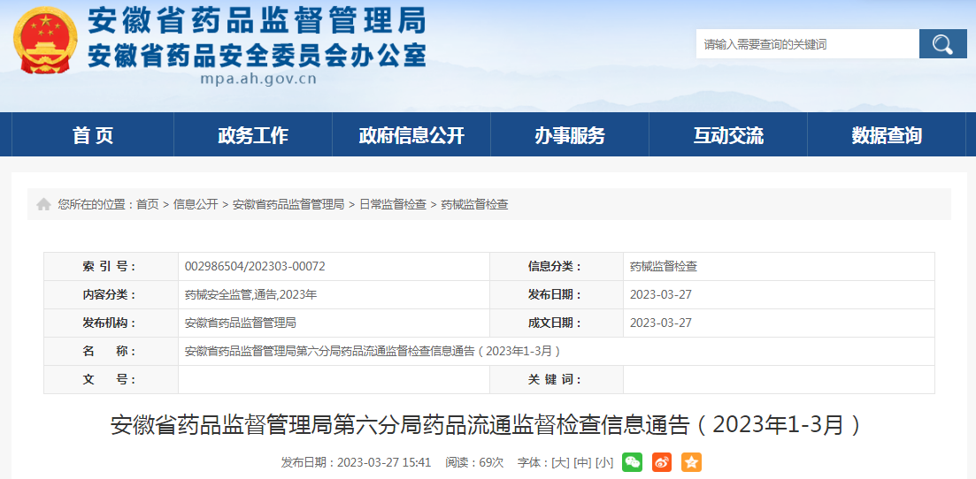 安徽省药品监督管理局第六分局药品流通监督检查信息通告（2023年1-3月）