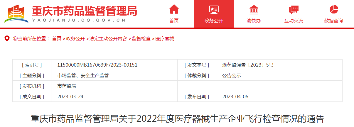 重庆市药品监督管理局关于2022年度医疗器械生产企业飞行检查情况的通告