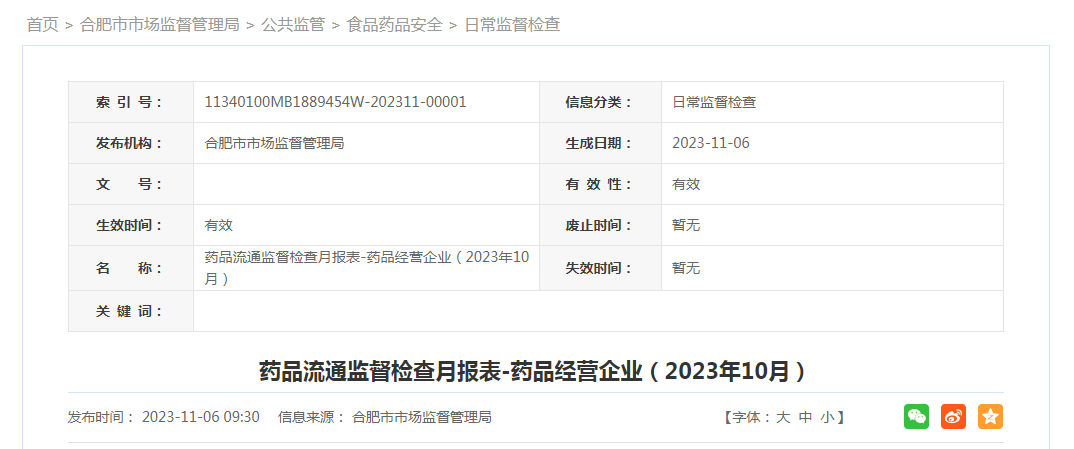 合肥市市场监督管理局发布药品流通监督检查月报表-药品经营企业（2023年10月）
