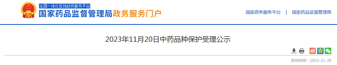 2023年11月20日中药品种保护受理公示