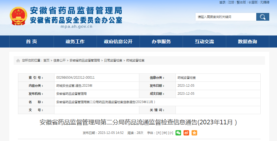 安徽省药品监督管理局第二分局药品流通监督检查信息通告（2023年11月）