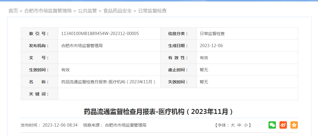 【合肥】药品流通监督检查月报表-医疗机构（2023年11月）